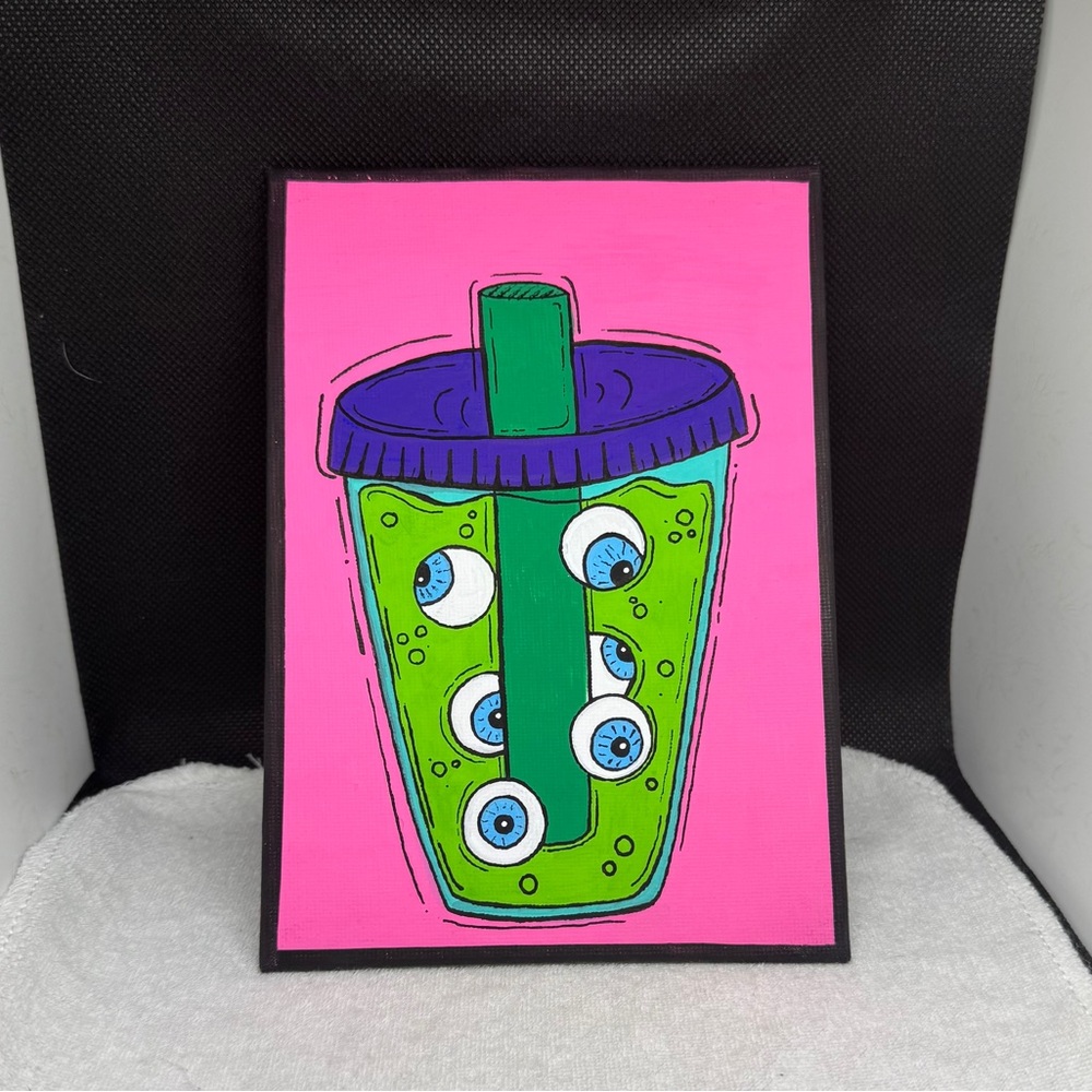 Vibrant Pink and Green Bubble Tea Art Painting